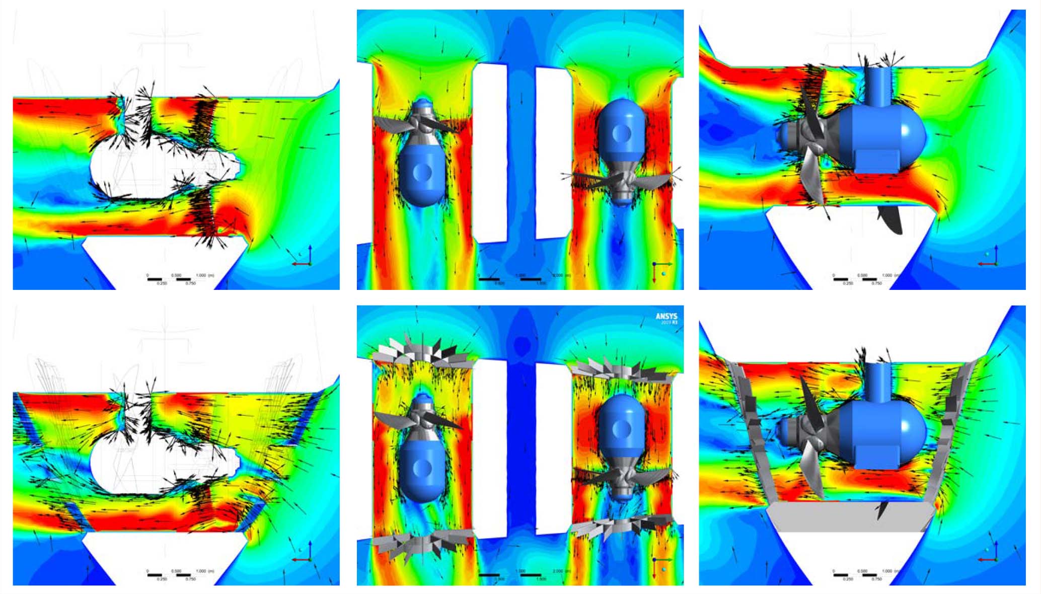 Gabriella thruster propeller induced flow through the tunnels (top = no grids, from left: aftmost tunnel midplane, both propeller axis level, foremost tunnel midplane).