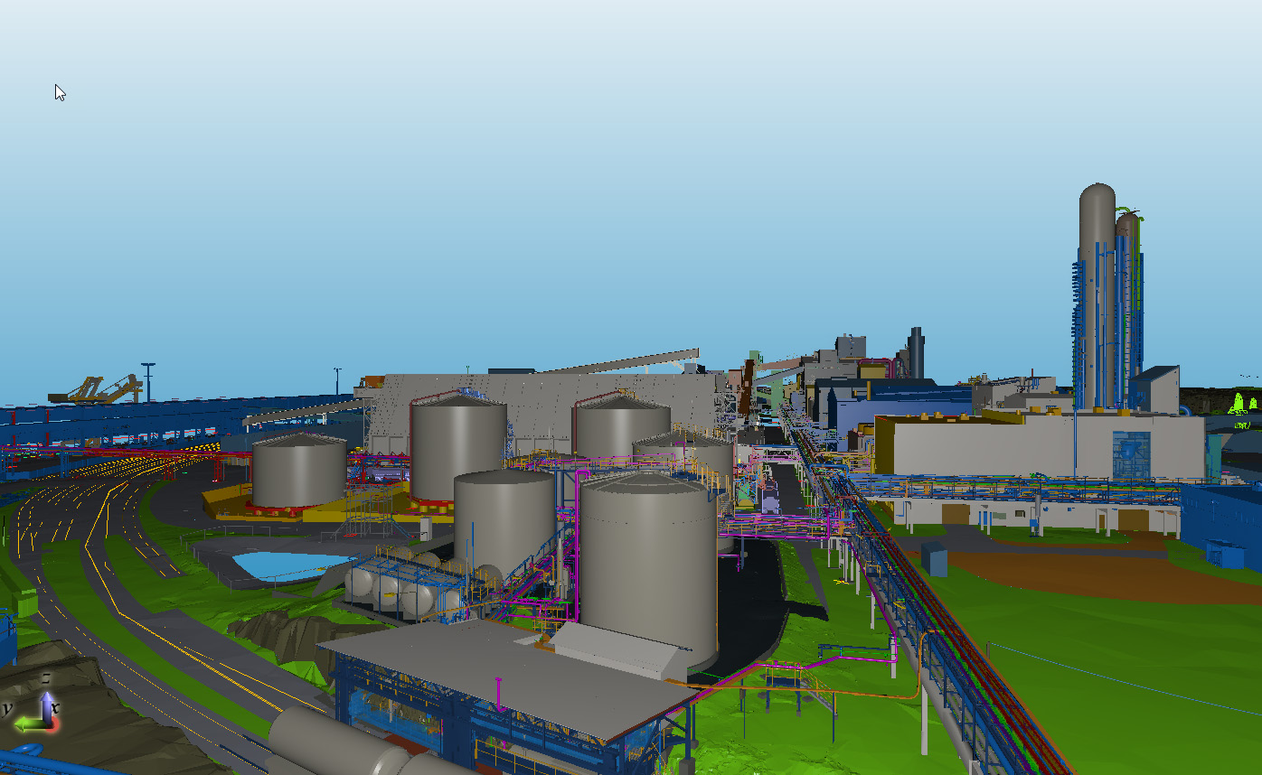Virtual 3D factory model of Yara’s Uusikaupunki site showing plant structures and integrated digital data.